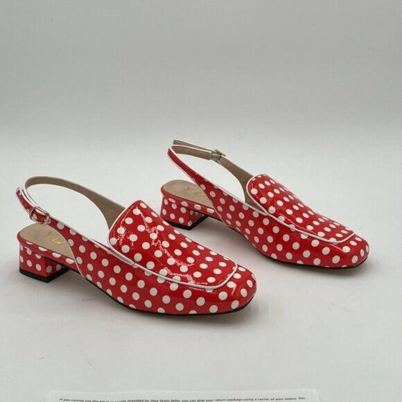 YDN Red Polka Dots Square Toe Block Low Heels Slingback Lady Pump - Picture 4 of 8